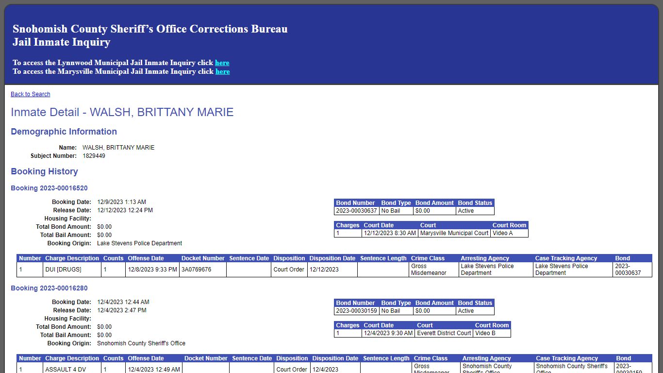 Inmate Detail - WALSH, BRITTANY MARIE